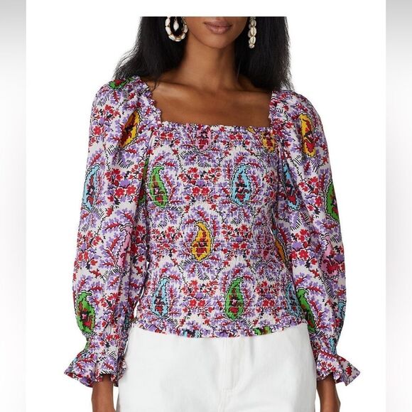 RHODE Purple long sleeve square neck smocked Alicia top size medium m - Picture 2 of 13